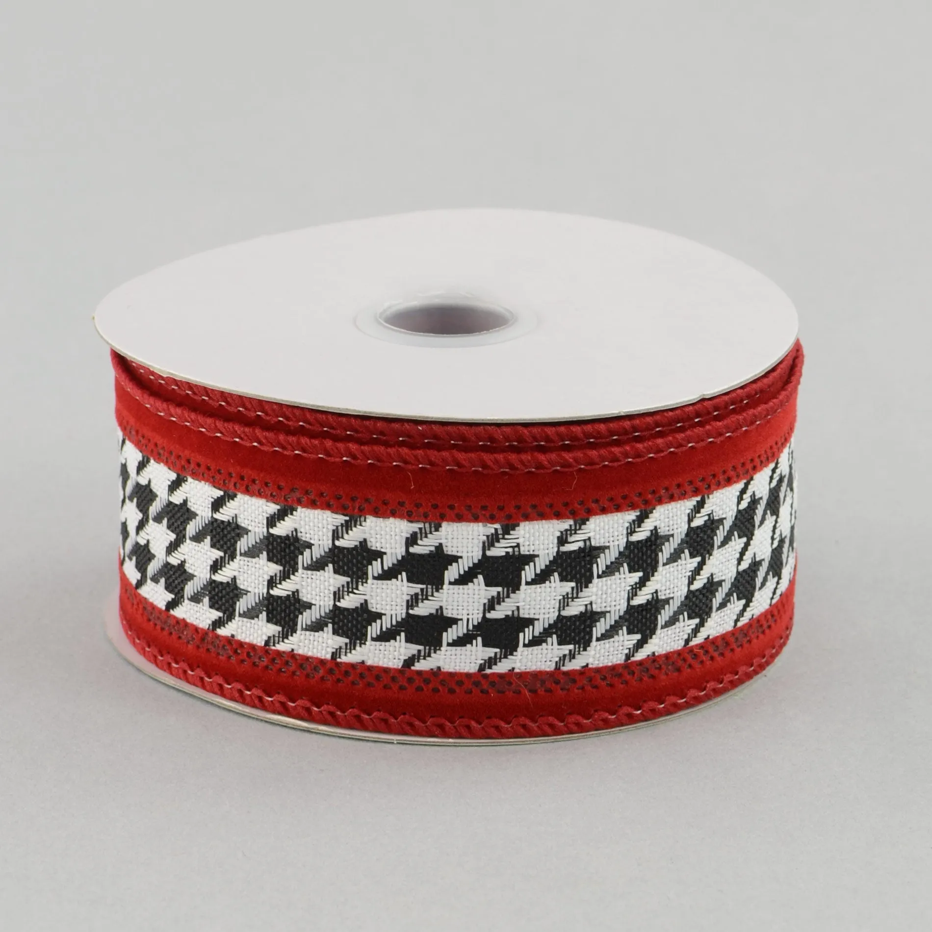 1.5" Black/White Houndstooth & Crimson Ribbon (10 Yards)