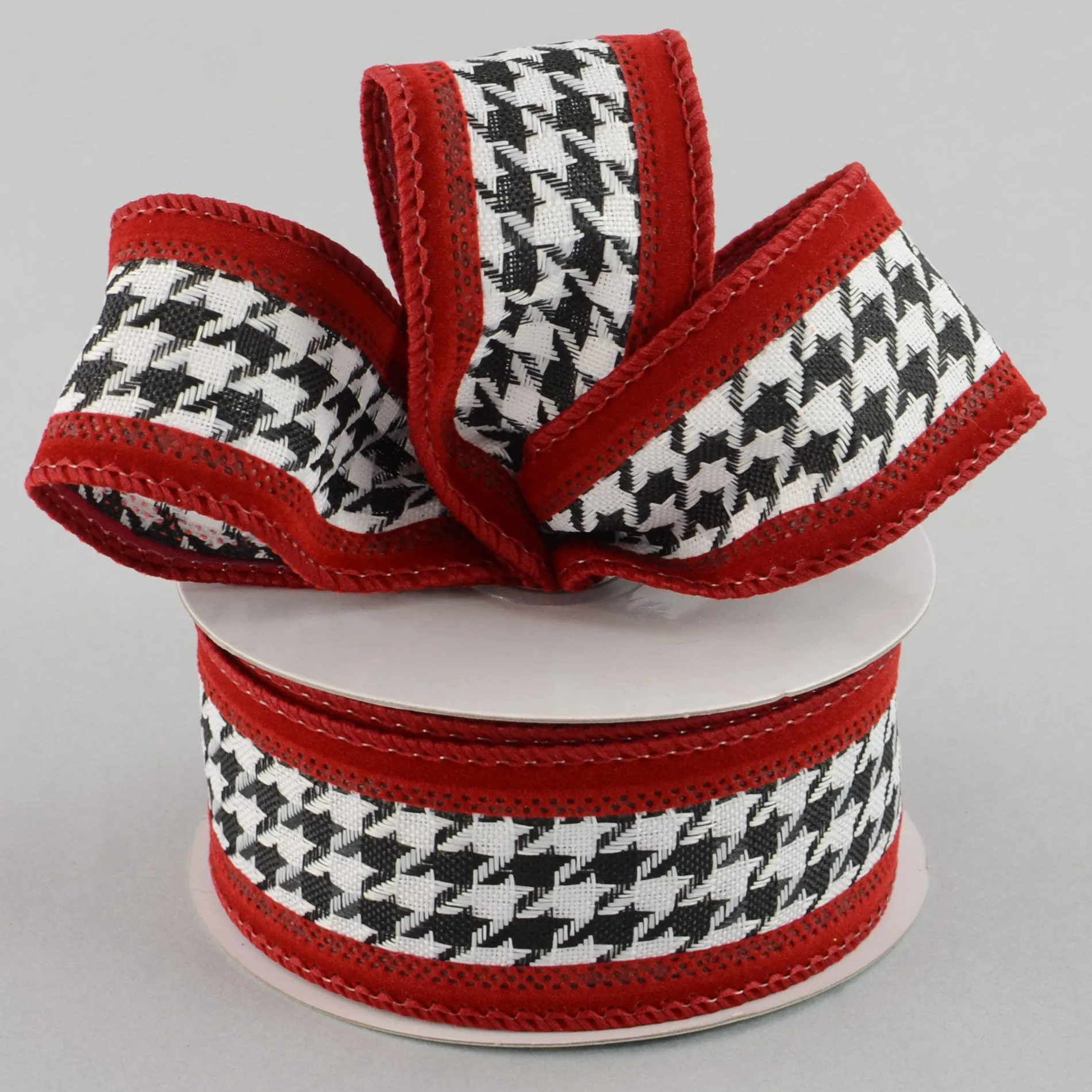 1.5" Black/White Houndstooth & Crimson Ribbon (10 Yards)