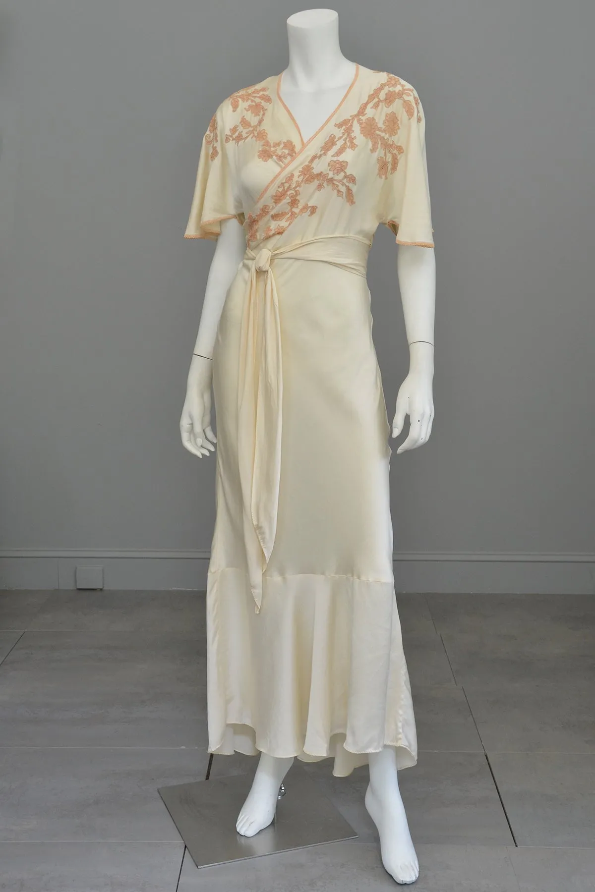 1930s Silk Embroidered Wrap Nightgown Dress w Kimono Style Flutter Sleeves