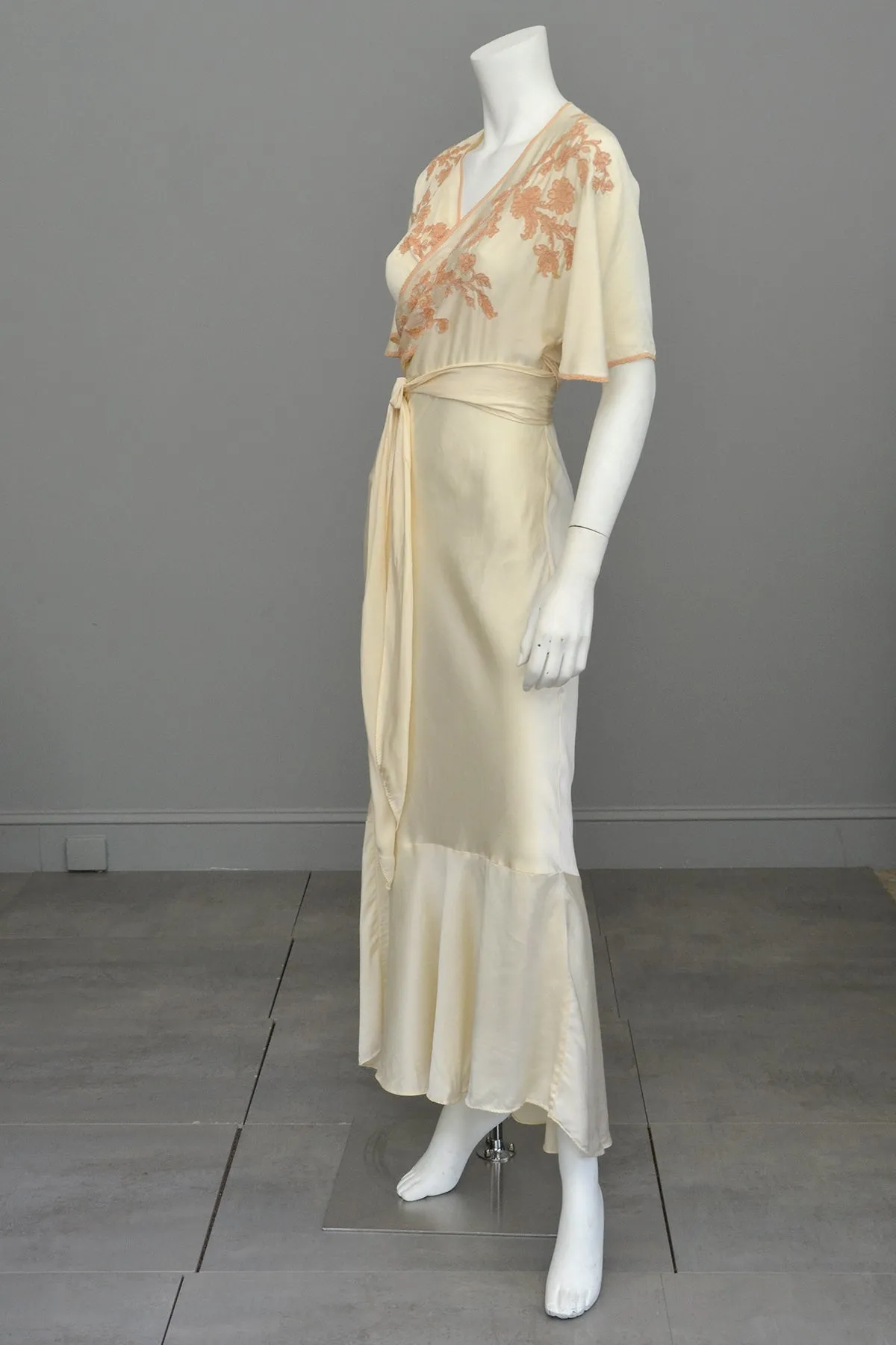 1930s Silk Embroidered Wrap Nightgown Dress w Kimono Style Flutter Sleeves