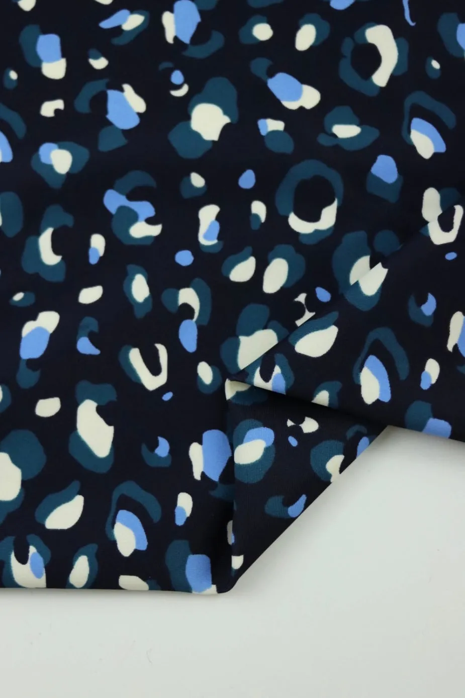 1YD PRECUT; Teal/Peri/Cream Leopard on Midnight Navy Nylon Spandex Tricot | Designer Deadstock