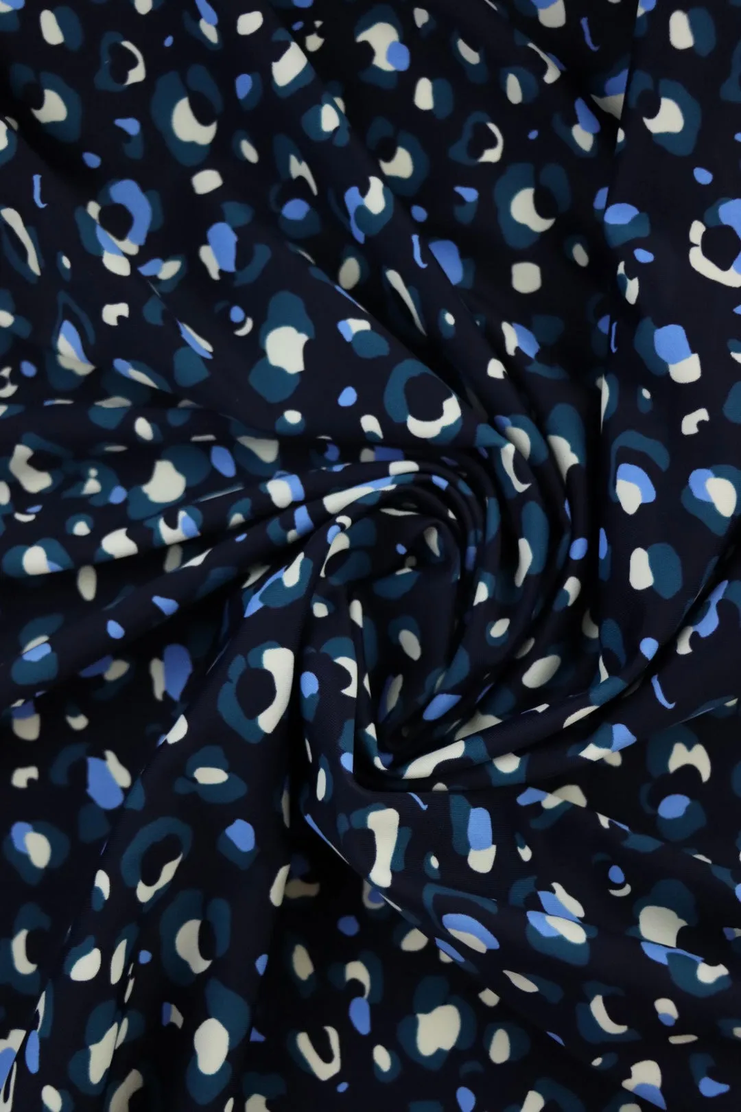 1YD PRECUT; Teal/Peri/Cream Leopard on Midnight Navy Nylon Spandex Tricot | Designer Deadstock