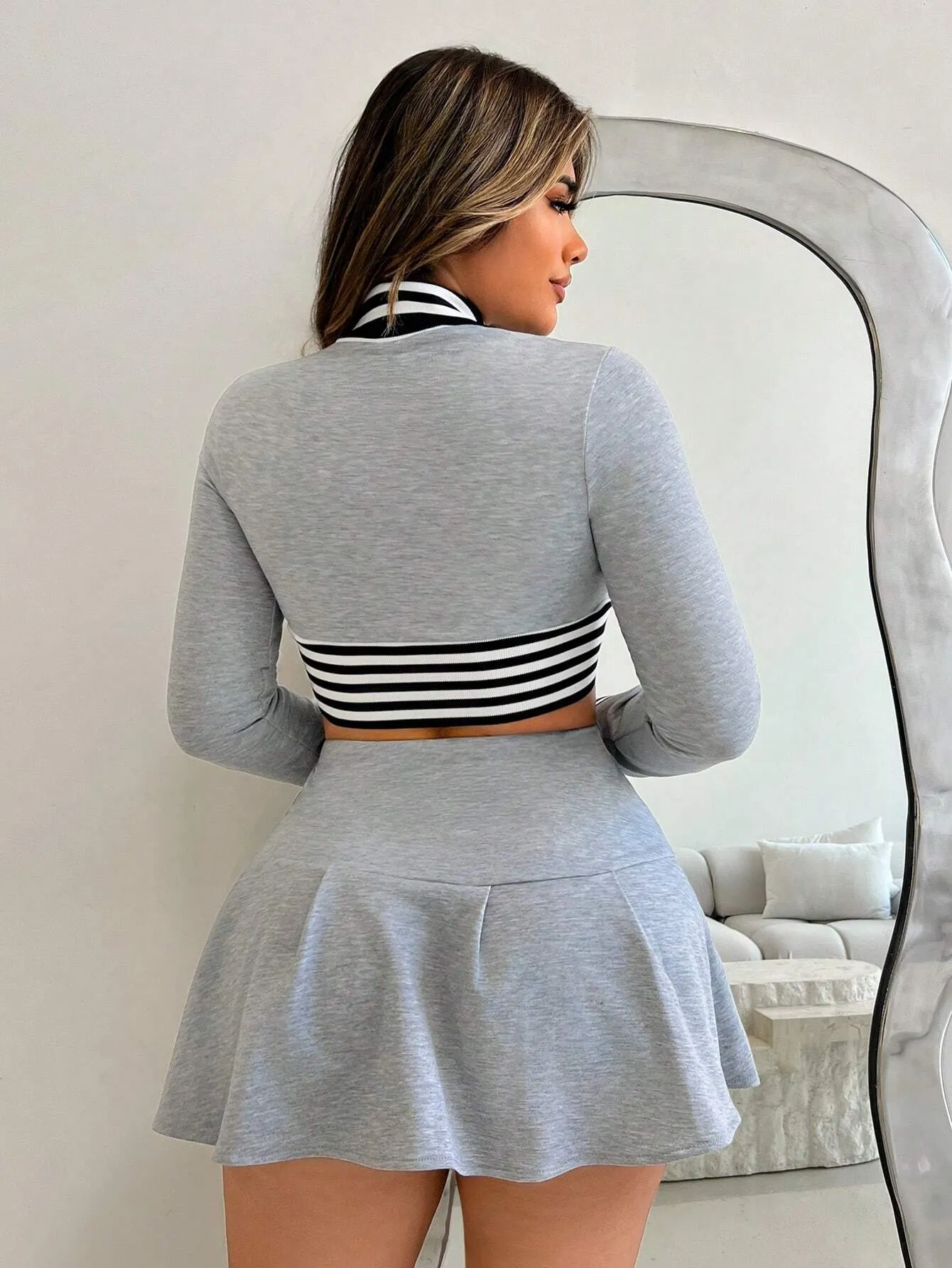 2pcs Set: Front Zip-Up Long Sleeve Striped Panel Crop Top And Mini Skirt Casual Outfit