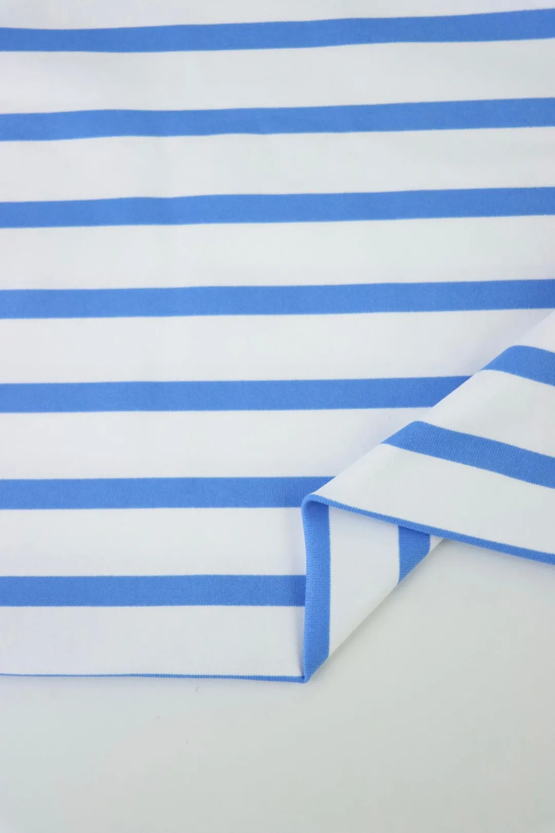 33IN REMNANT; French Blue & White Stripe Matte Nylon Spandex Tricot | Designer Deadstock