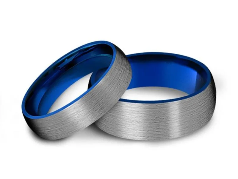 6MM/8MM GRAY GUNMETAL Tungsten Wedding Band Set DOME AND BLUE INTERIOR