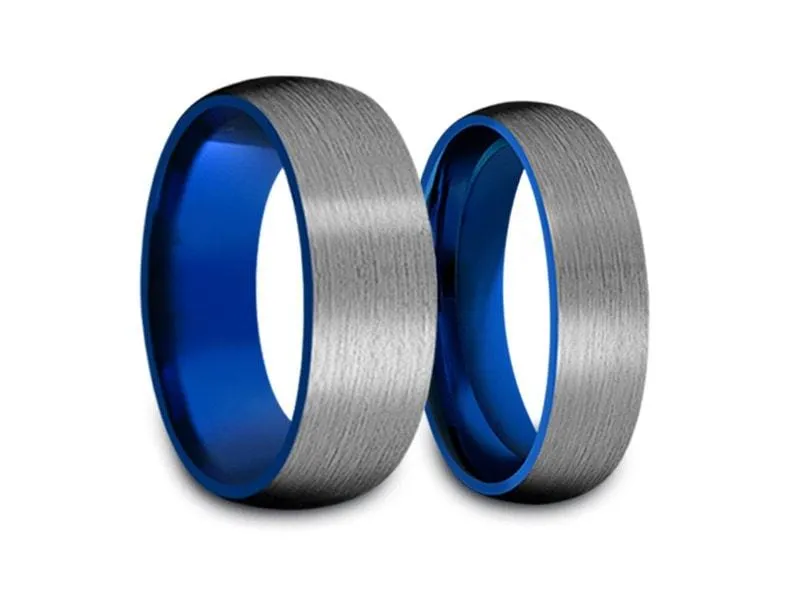 6MM/8MM GRAY GUNMETAL Tungsten Wedding Band Set DOME AND BLUE INTERIOR