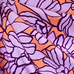 Abstract Leaf Floral Outline Rayon Challis Coral/Lavender