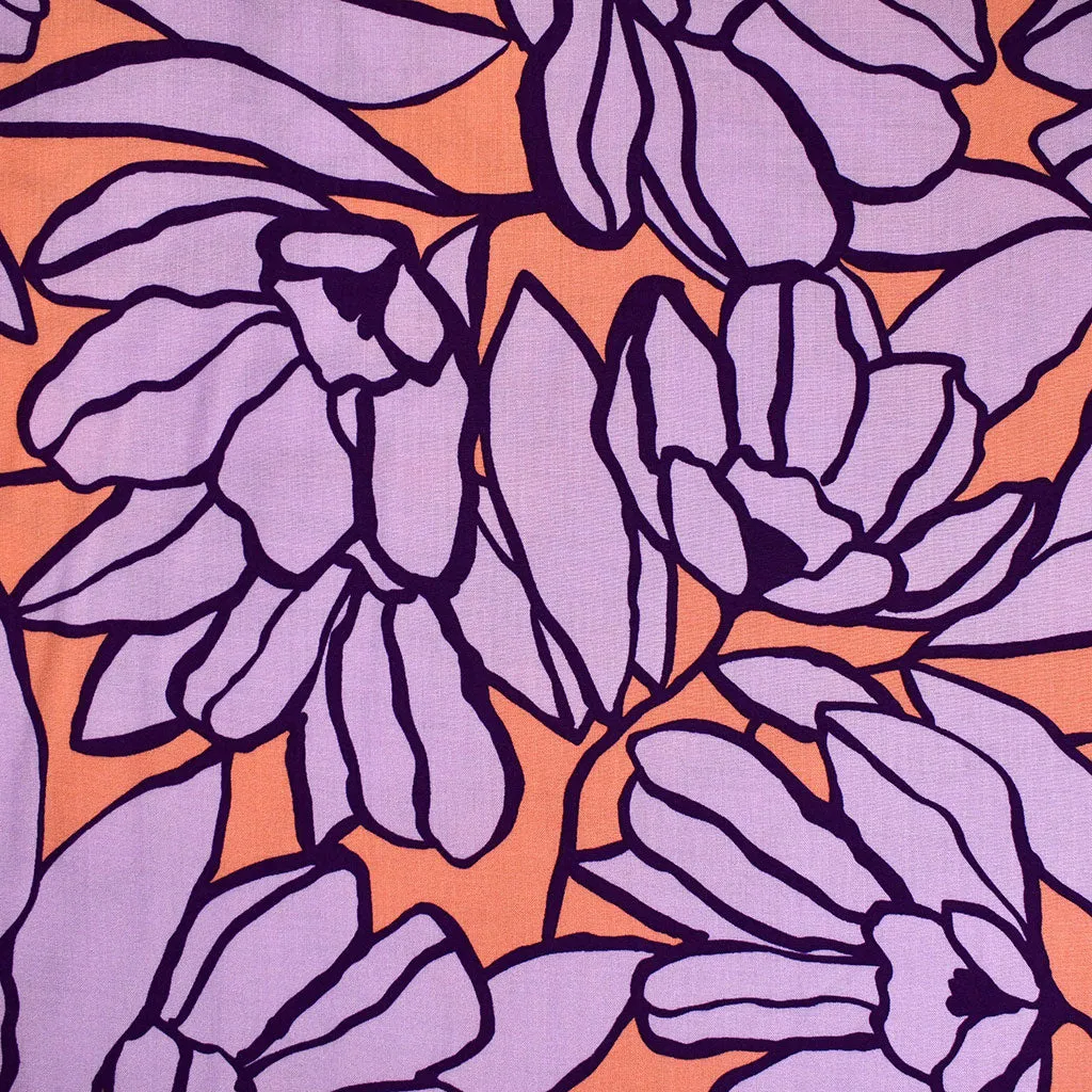 Abstract Leaf Floral Outline Rayon Challis Coral/Lavender