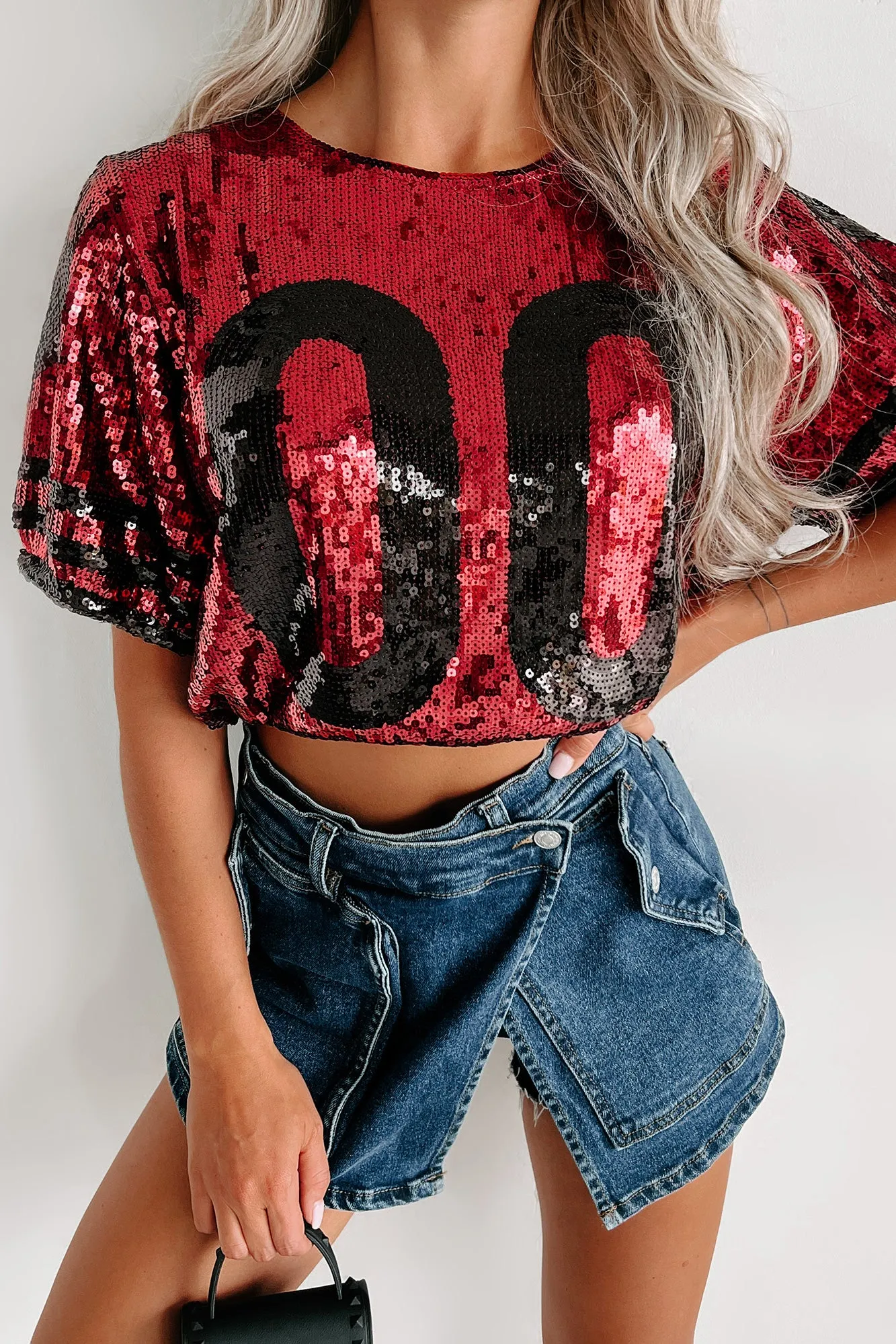 All About My Team Sequin Crop Top (Crimson/Black)