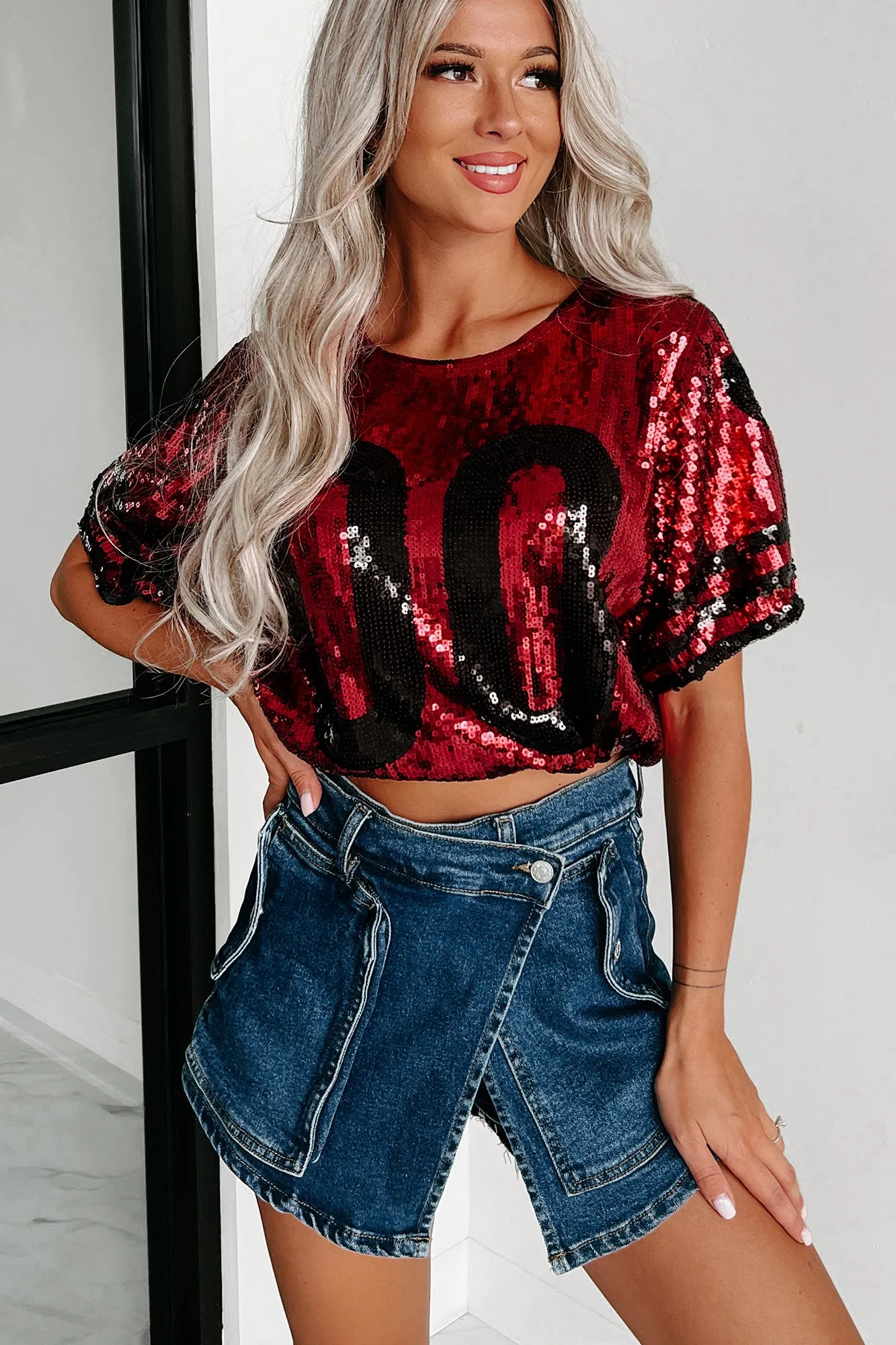 All About My Team Sequin Crop Top (Crimson/Black)