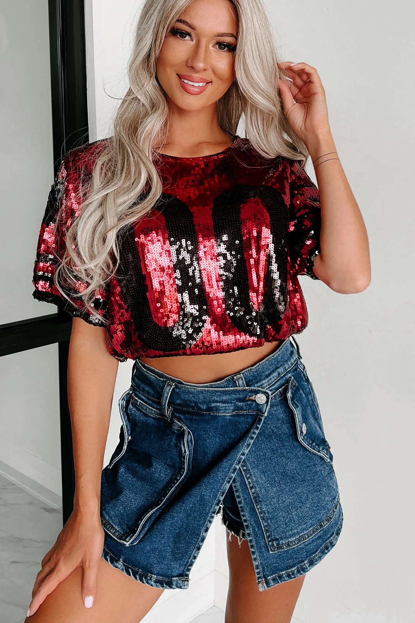 All About My Team Sequin Crop Top (Crimson/Black)