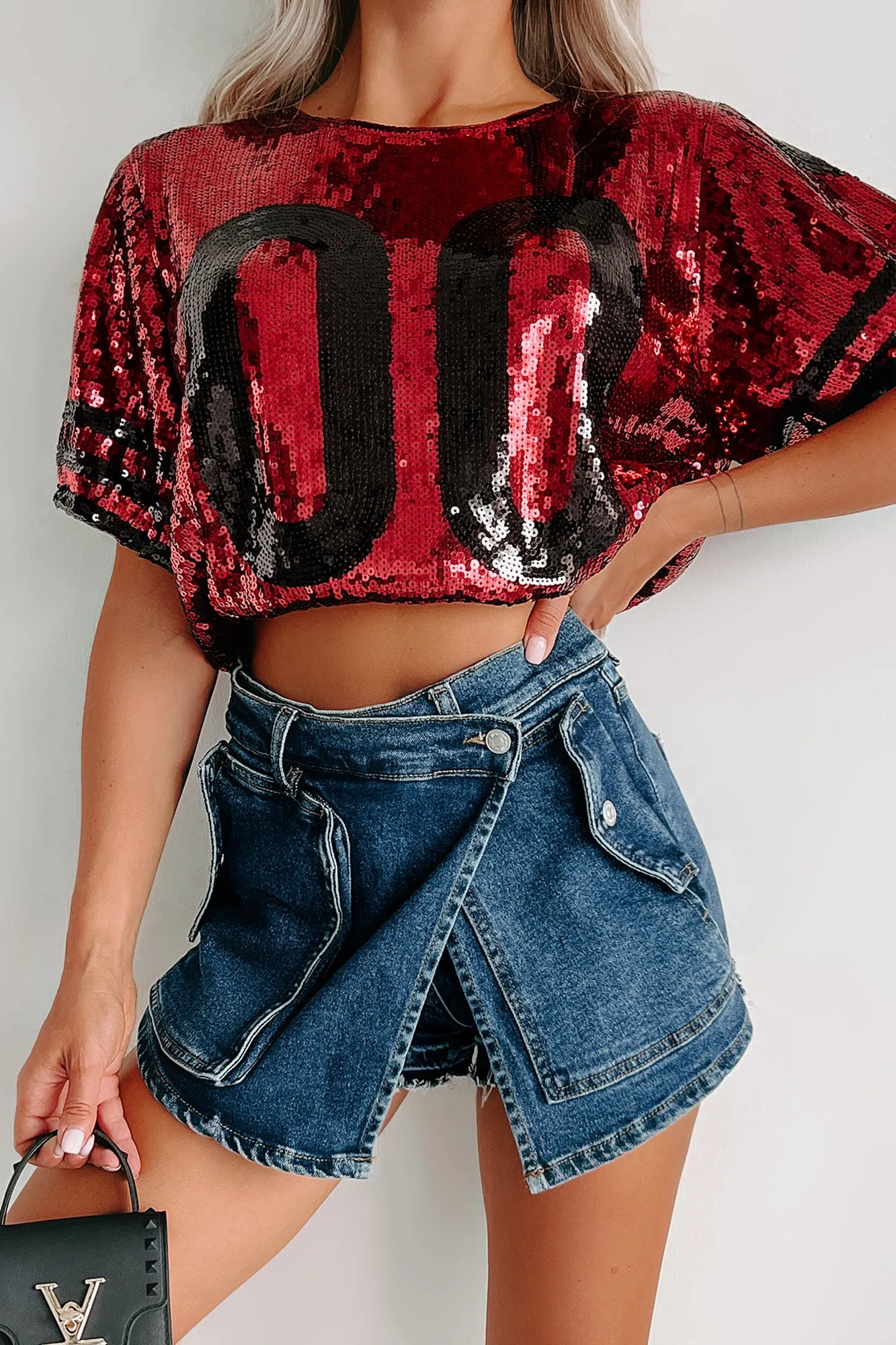 All About My Team Sequin Crop Top (Crimson/Black)