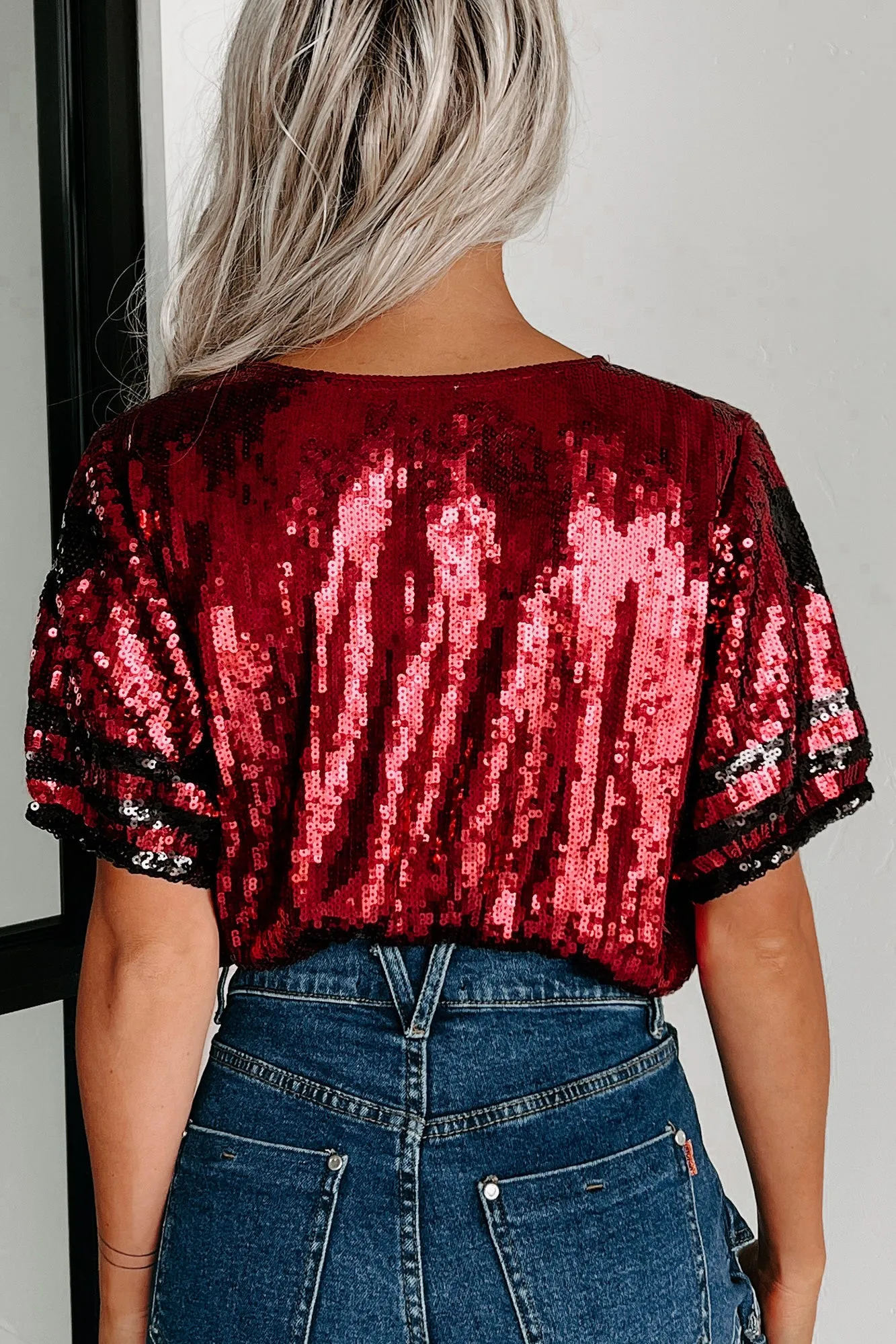 All About My Team Sequin Crop Top (Crimson/Black)