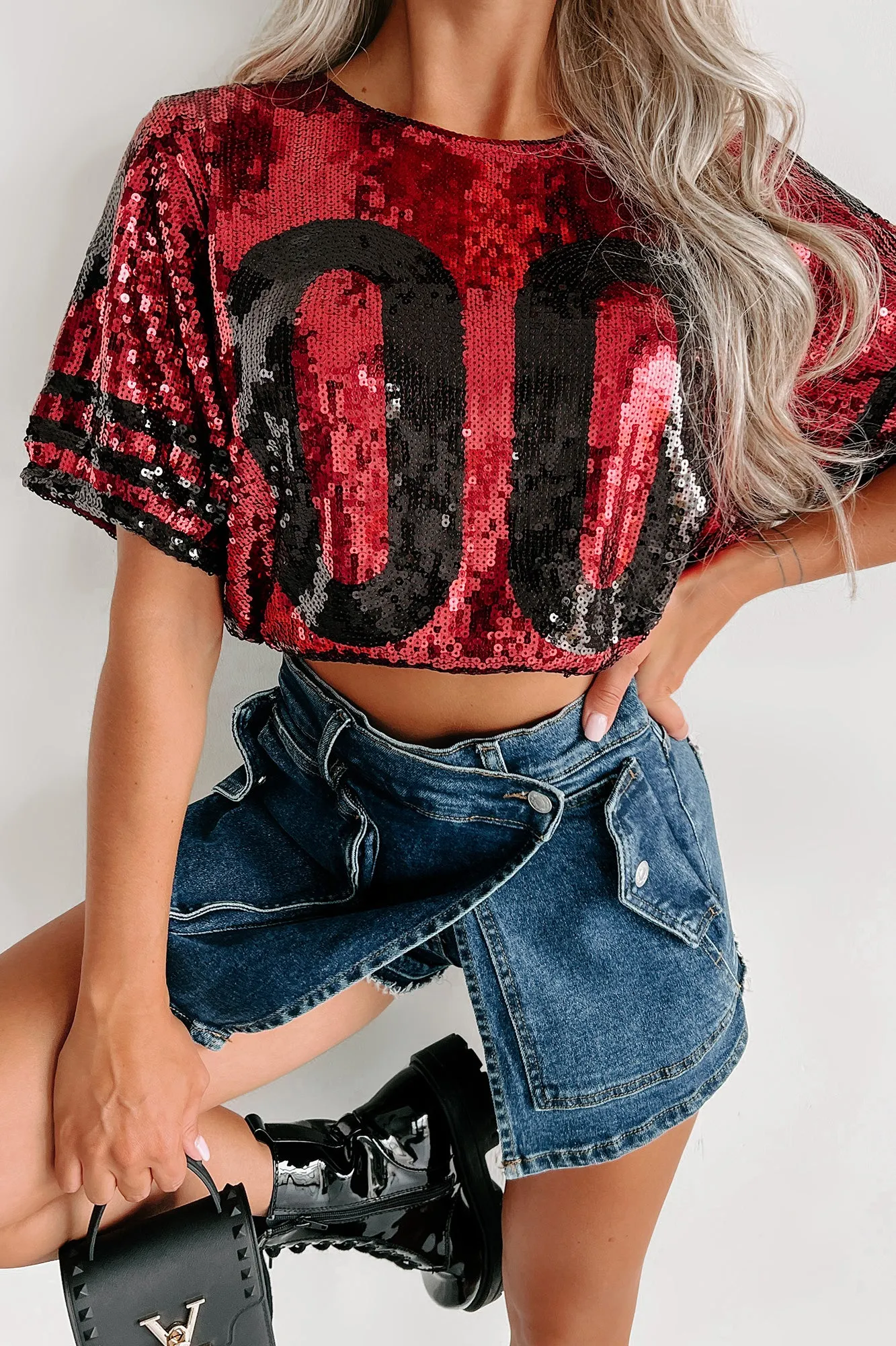 All About My Team Sequin Crop Top (Crimson/Black)