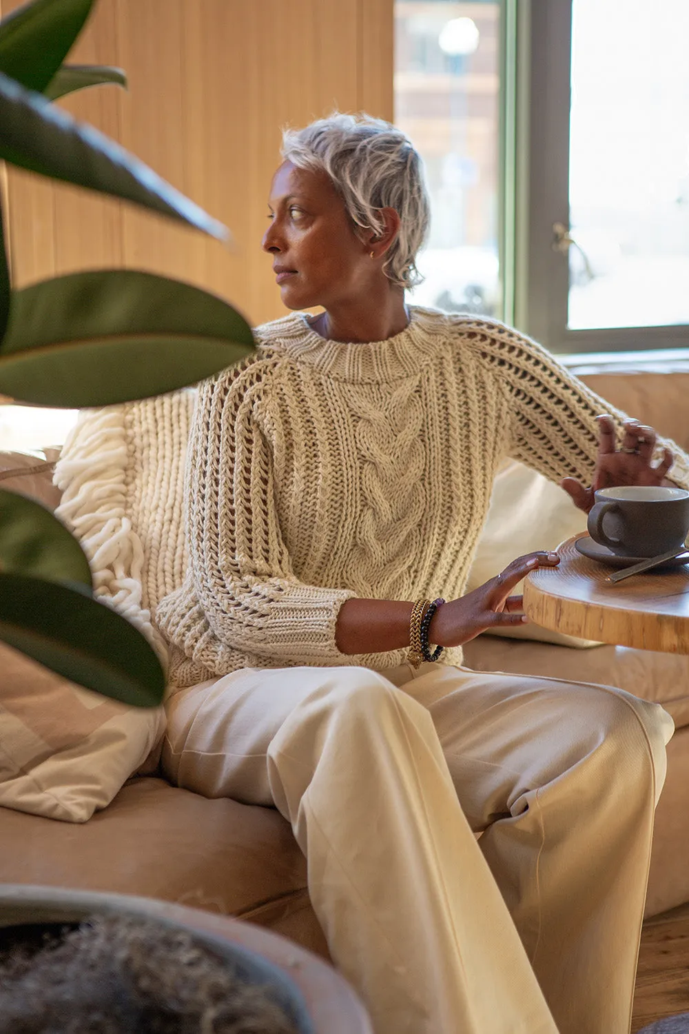 Alpaca Cable Knit Fisherman Sweater In Winter White