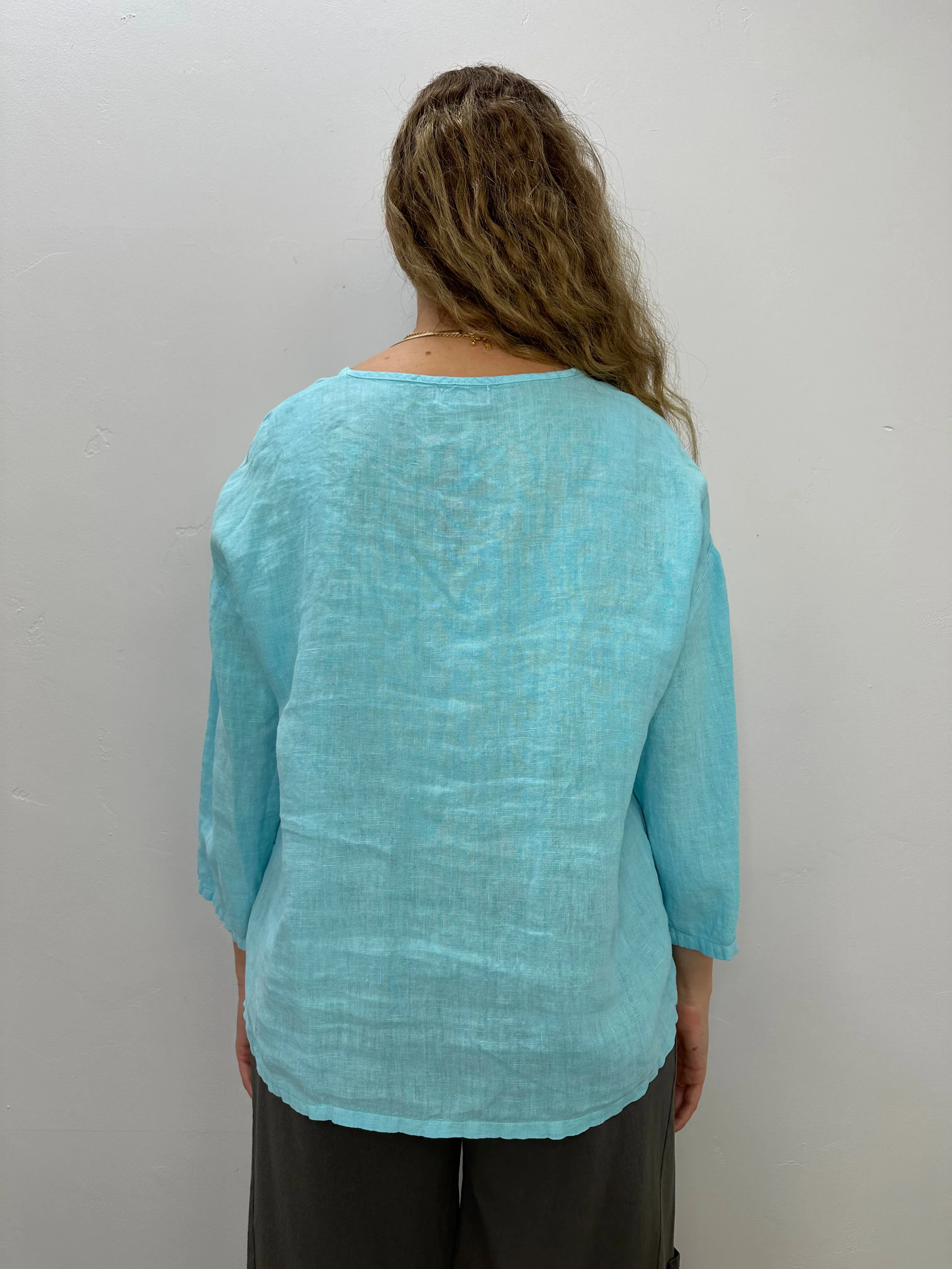 Arctic Blue Linen Two Pocket Boxy Patch Top