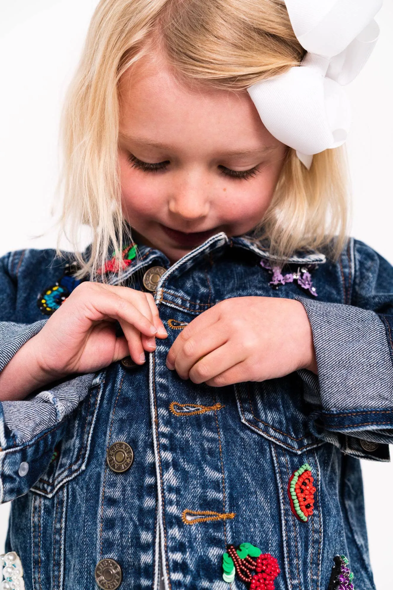 Beaded Crystal Fruit Crop Denim Jacket