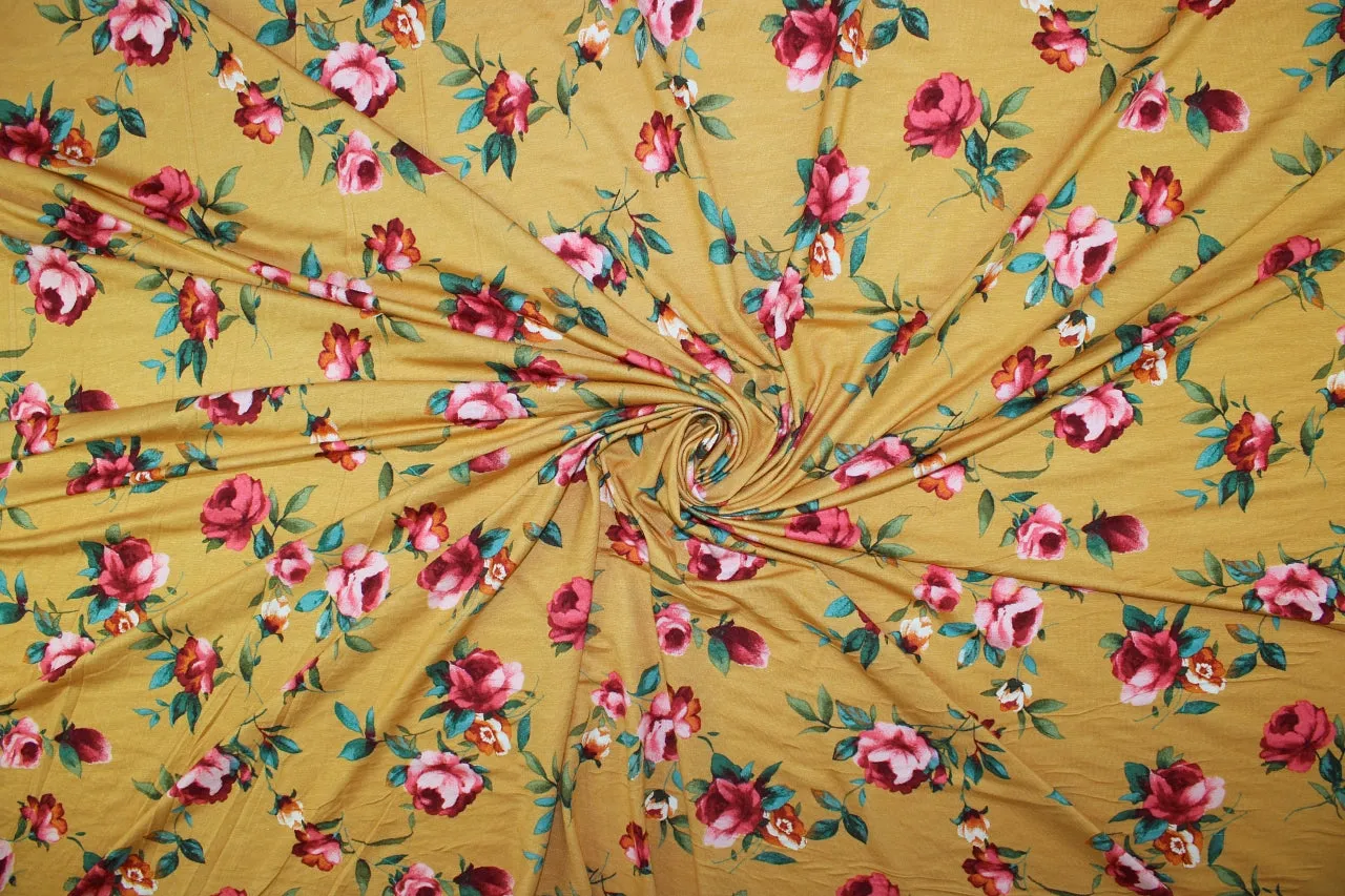 Bed of Roses Rayon Jersey - Reds/Greens on Tumeric