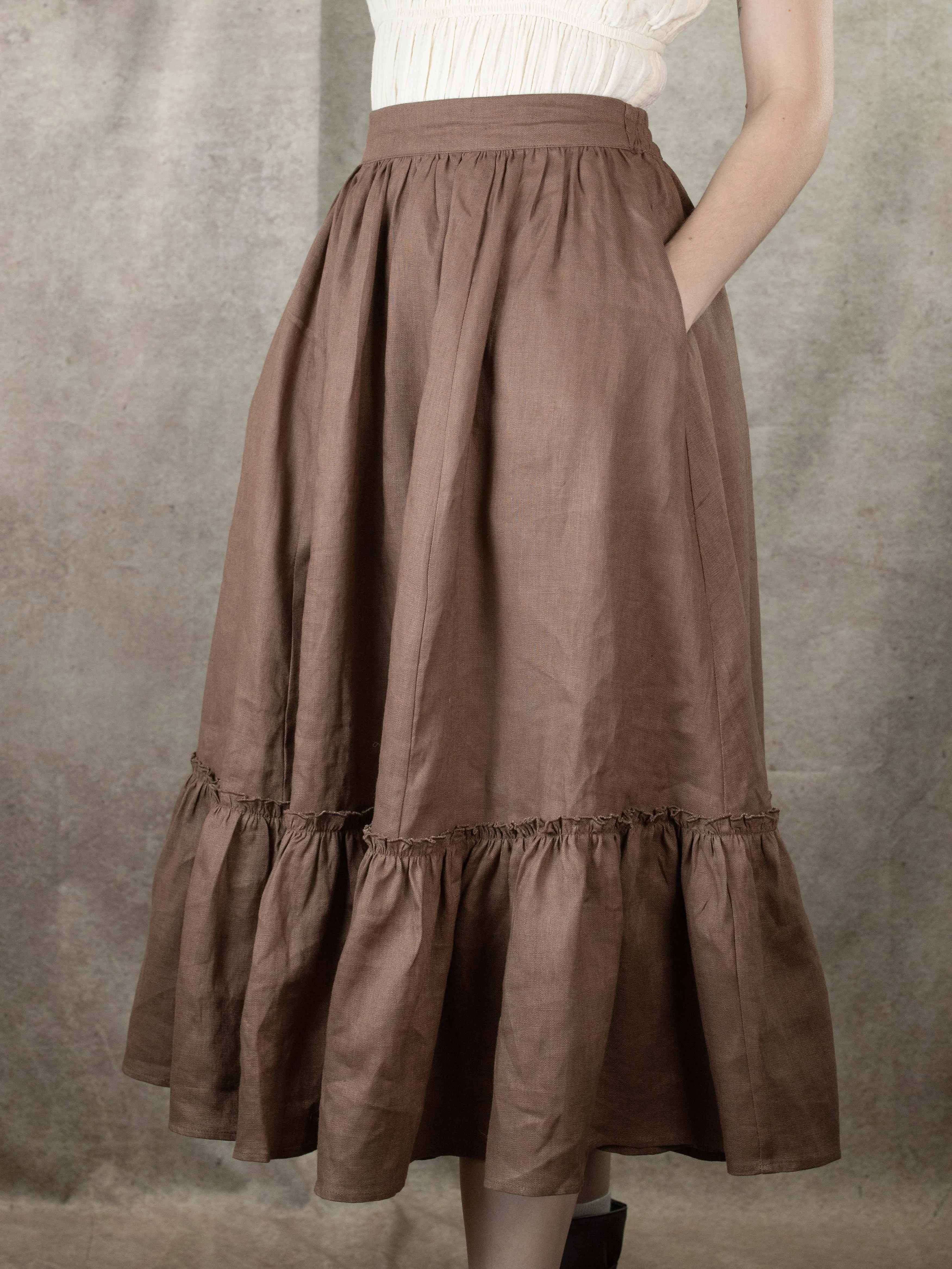 Brown Linen Ruffle Skirt