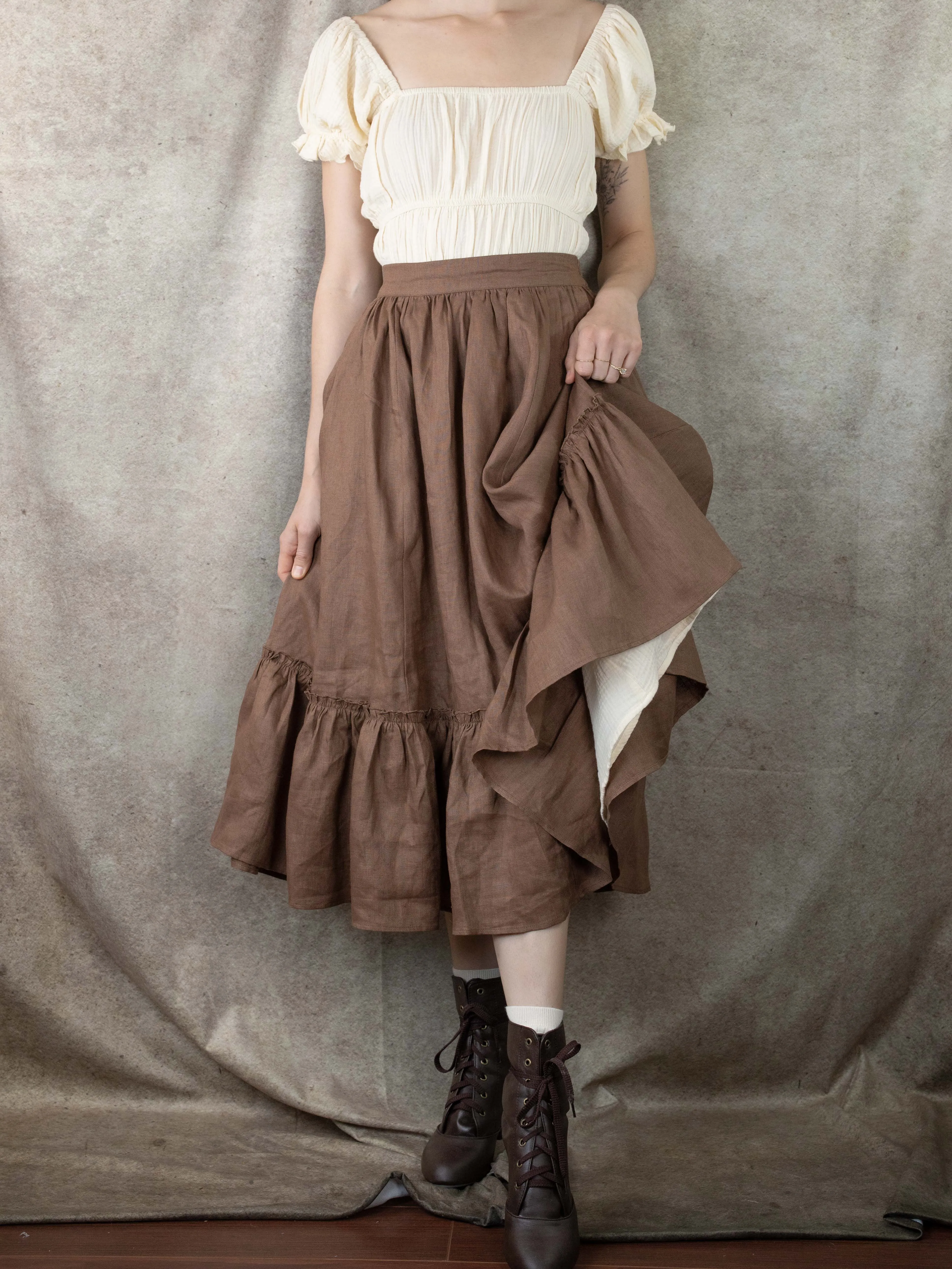 Brown Linen Ruffle Skirt