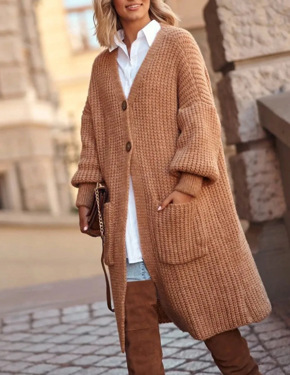 Brown Long Sleeve Collarless Plain Sweater