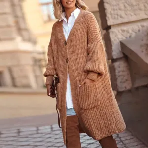 Brown Long Sleeve Collarless Plain Sweater