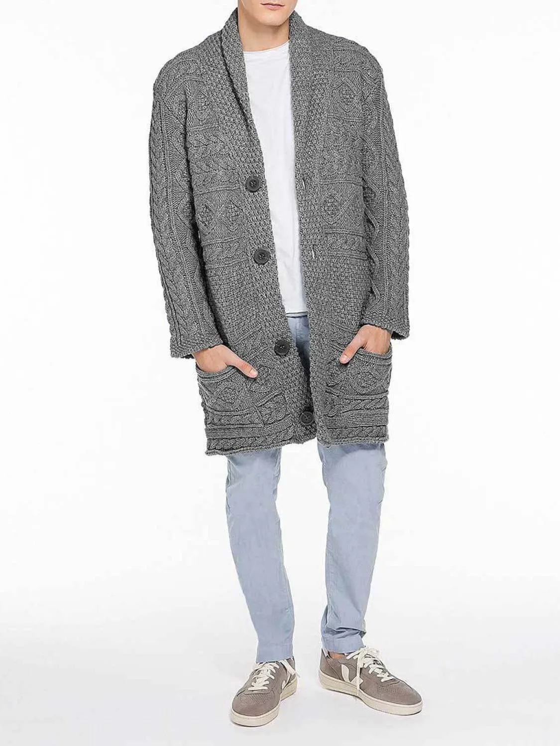 Button Front Shawl Collar Wool Blend Cardigan Grey