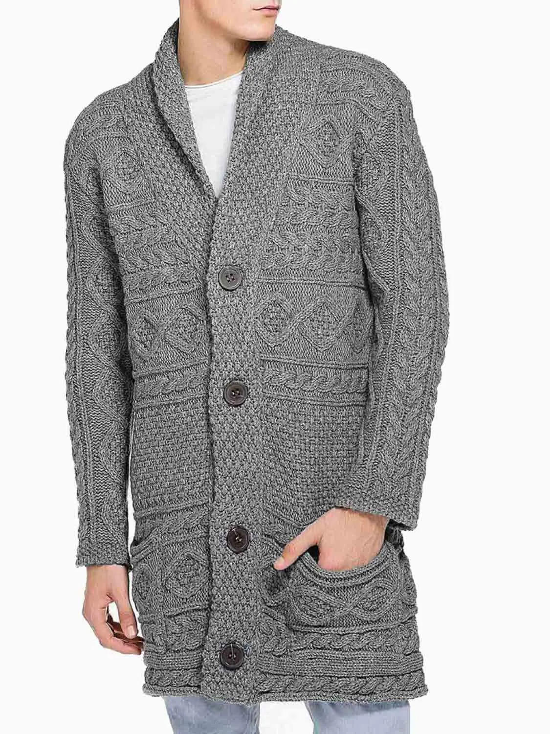 Button Front Shawl Collar Wool Blend Cardigan Grey