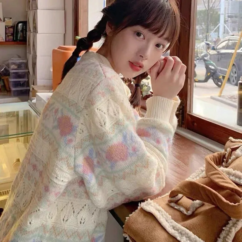 Cardigan Women Floral Hollow Out Spring Kawaii Students Cozy Knitwear Casual Chic Loose Popualr Design Sweet Ladies Ins Newest