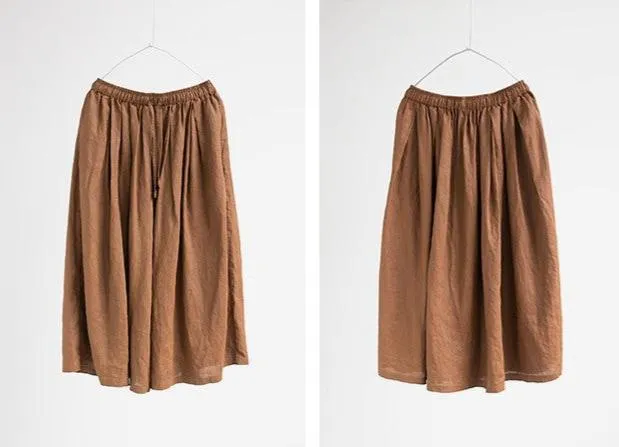 Casual Elastic Waist Brown Linen Midi Skirts