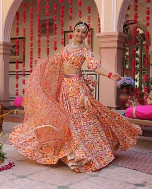 Creamy Crimson Blaze Printed Satin Lehenga Set