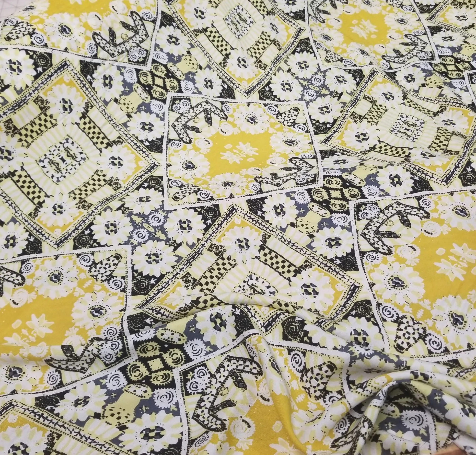 End of Bolt: 3-3/4th yards of Designer Deadstock Bohemian Yellow and Black Abstract Rayon Challis Woven-remnant