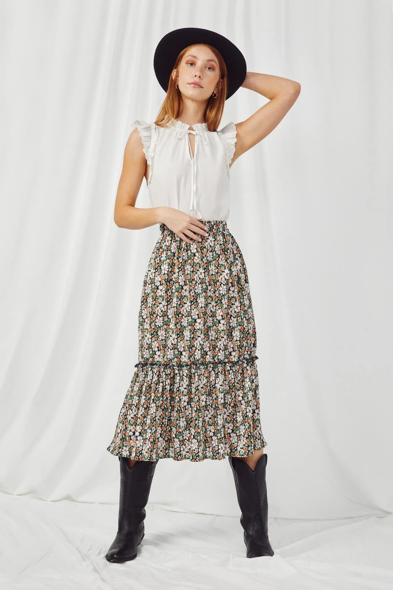 Floral Pleated Ruffled Skirt