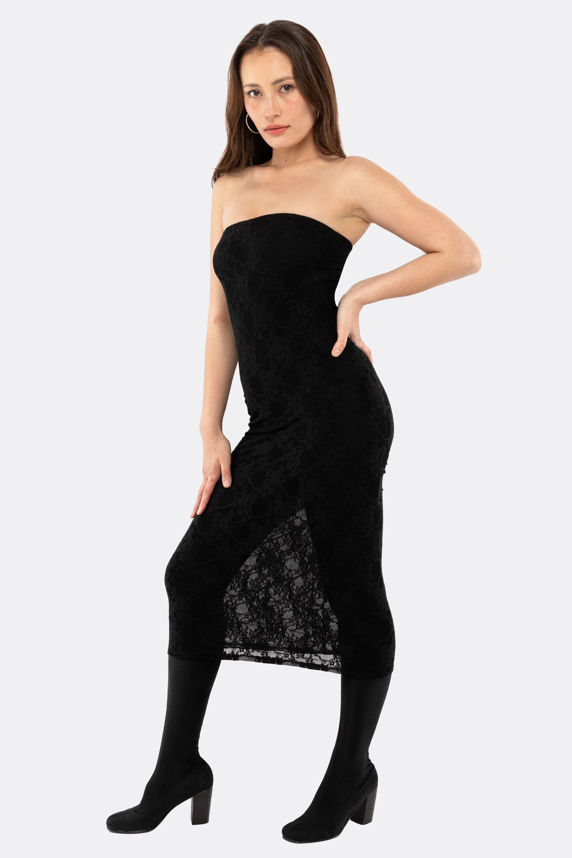 FNS800 - Floral Lace Midi Tube Dress