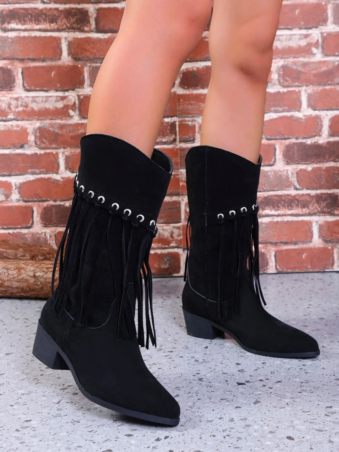 Fringe Suede Point Toe Block Heel Boots