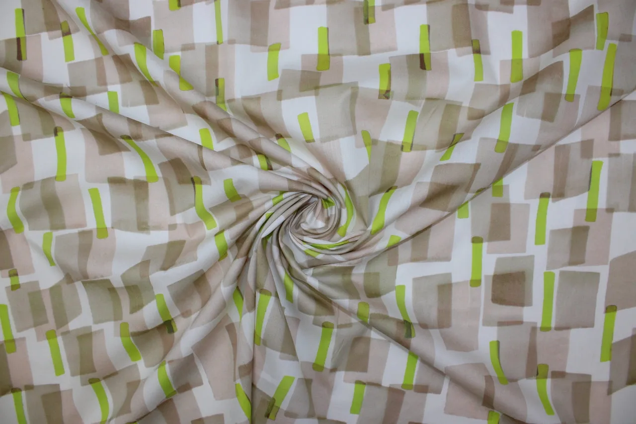 Italian Abstract Geometrics Cotton Lawn - Browns/Green/White