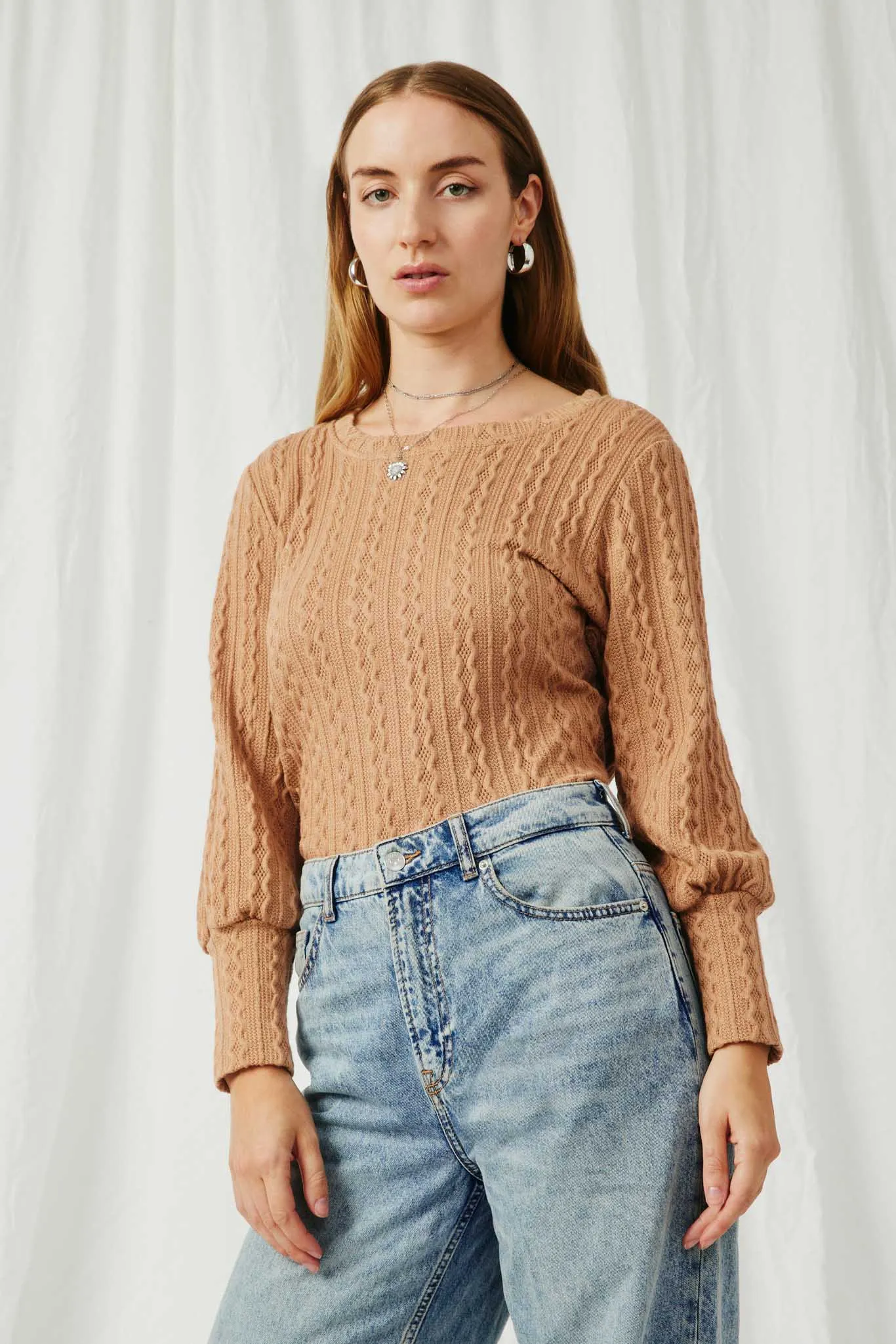 Long Cuff Cable Knit Pullover Top