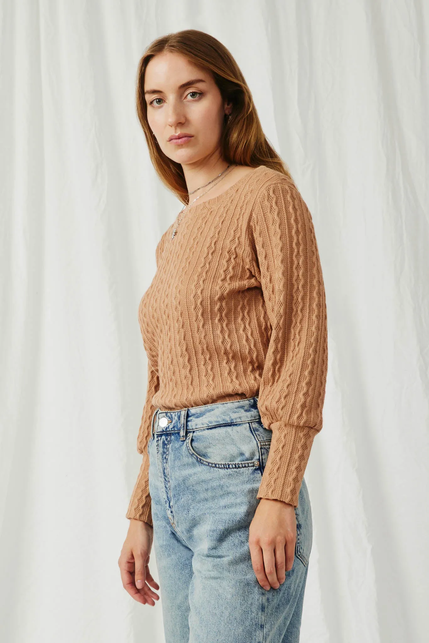 Long Cuff Cable Knit Pullover Top