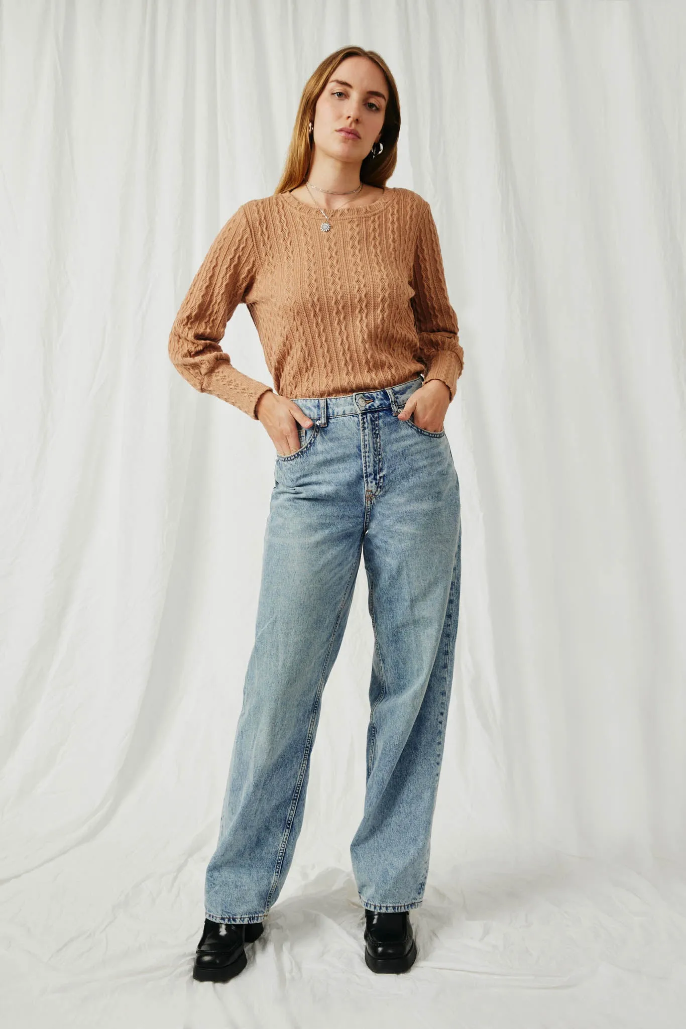 Long Cuff Cable Knit Pullover Top