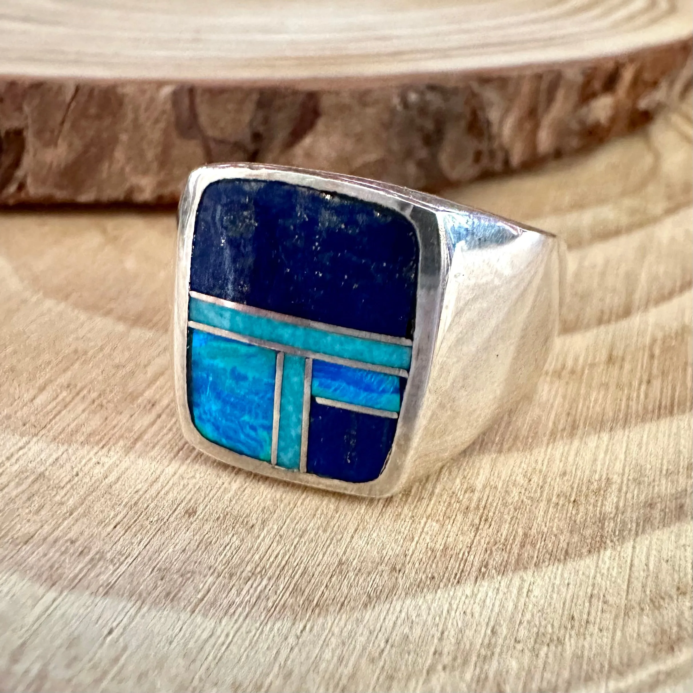 LOVE IN BLUE Multi Stone & Sterling Native American Inlay Mens Ring • Sizes 10, 10.5