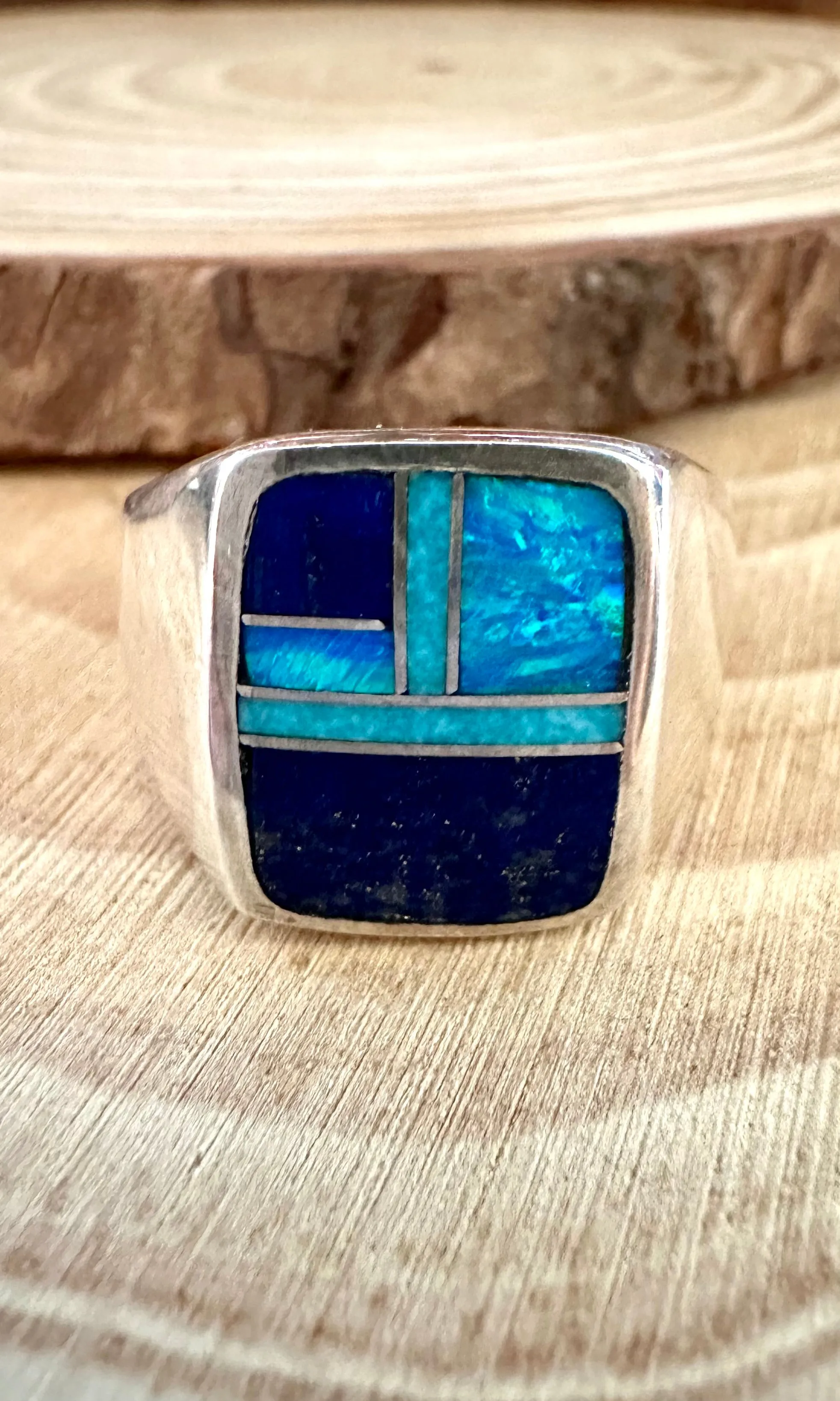 LOVE IN BLUE Multi Stone & Sterling Native American Inlay Mens Ring • Sizes 10, 10.5