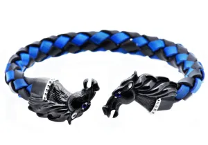 Mens Black And Blue Leather Black Stainless Steel Horse Bracelet With Blue Cubic Zirconia