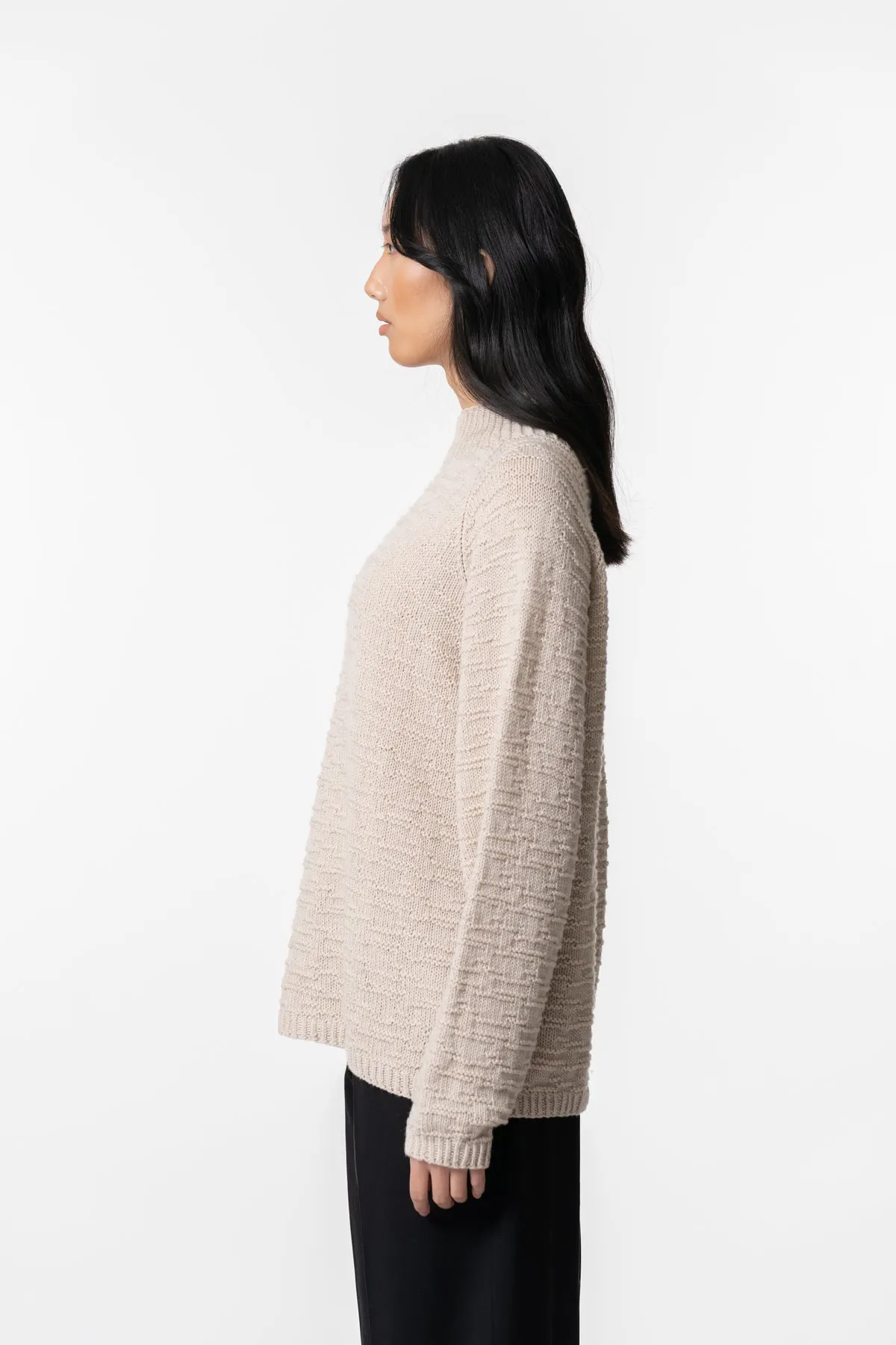 Merino Handknit Purlstripe Sweater in Almond