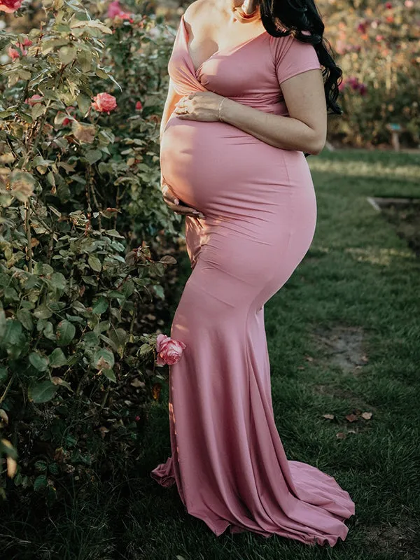 Momnfancy Pink Off Shoulder Long Train Gown Photoshoot Elegant Maternity Maxi Dress