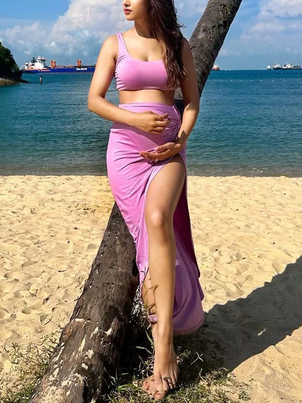 Momnfancy Pink Two Piece Irregular Tank Crop Top Side Slit Ruched 2-in-1 Chic Club Beach Maternity Photoshoot Baby Shower Party Maxi Dress