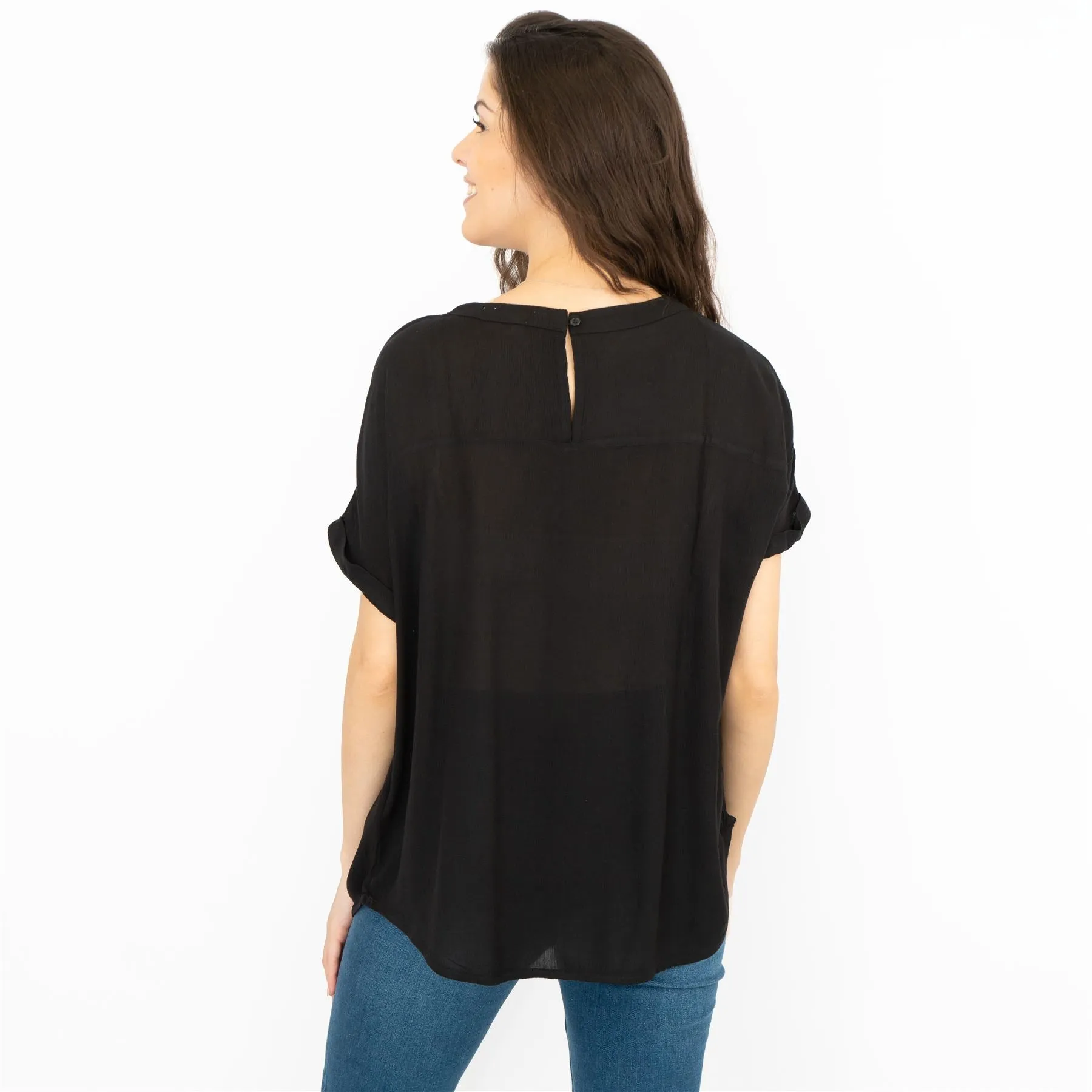 Next Black Short Sleeve Blouse Longline Relaxed Fit Tops