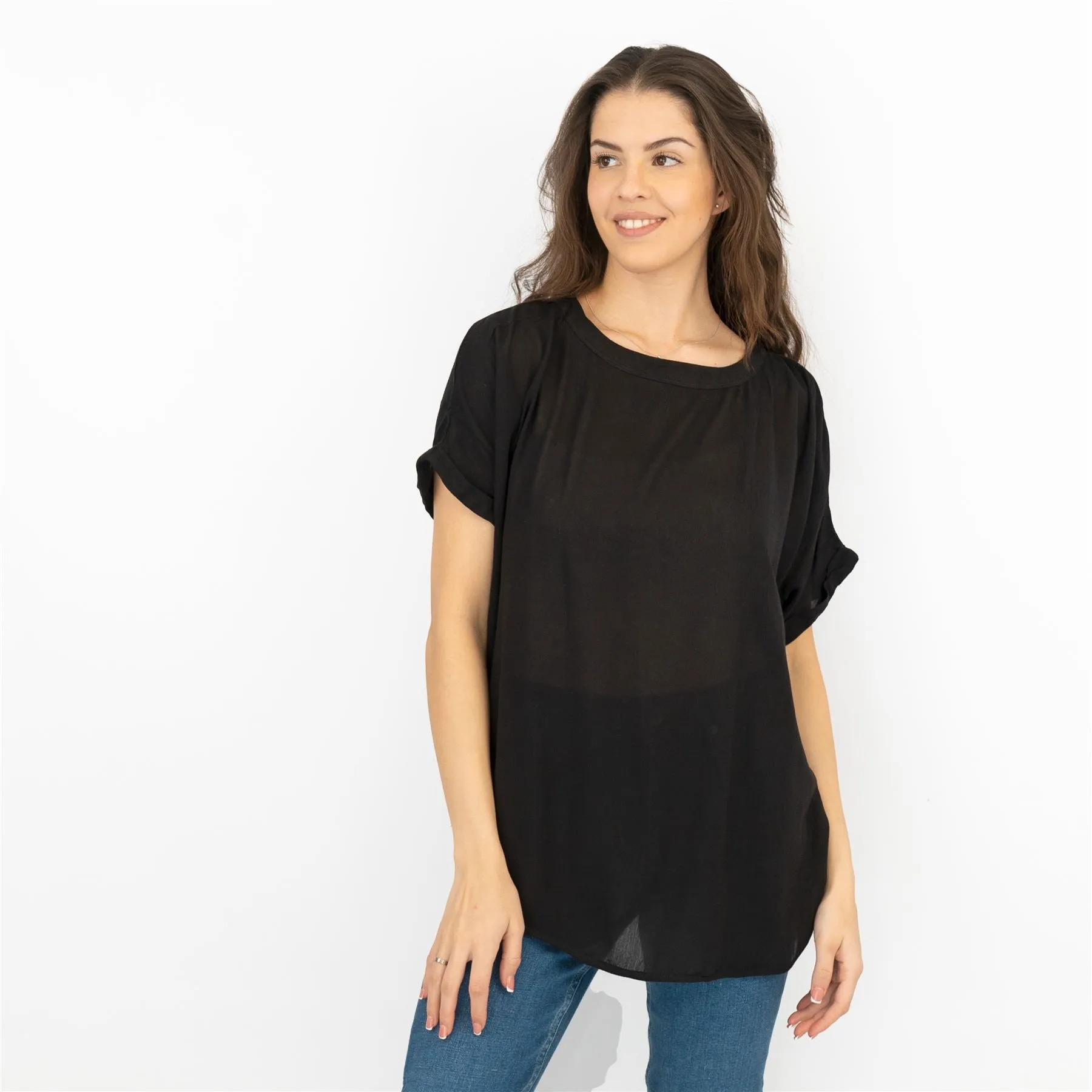 Next Black Short Sleeve Blouse Longline Relaxed Fit Tops