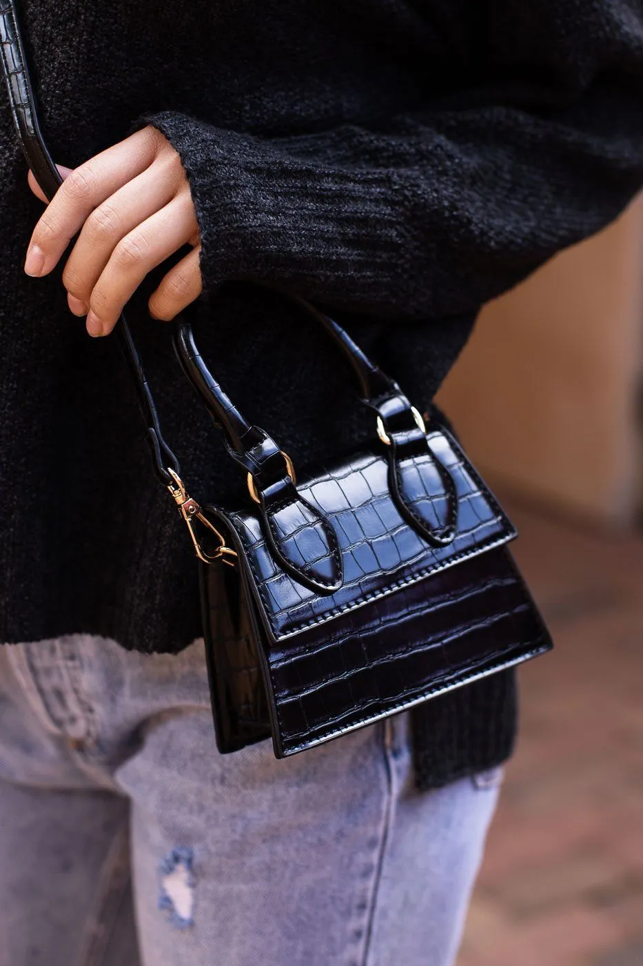 Playing Catch Up Black Mini Croc Purse