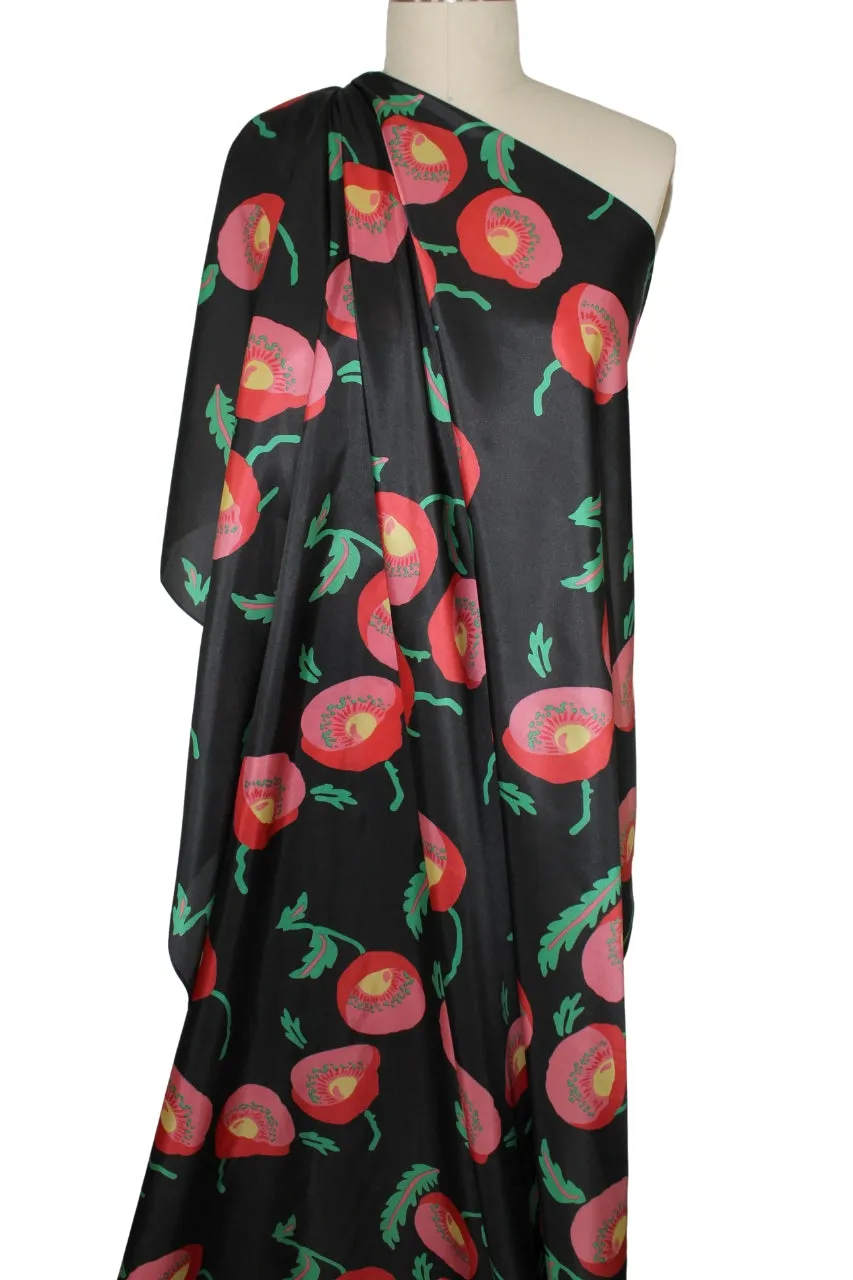 Poppy Profusion Silk Charmeuse - Res/Green/Yellow on Black