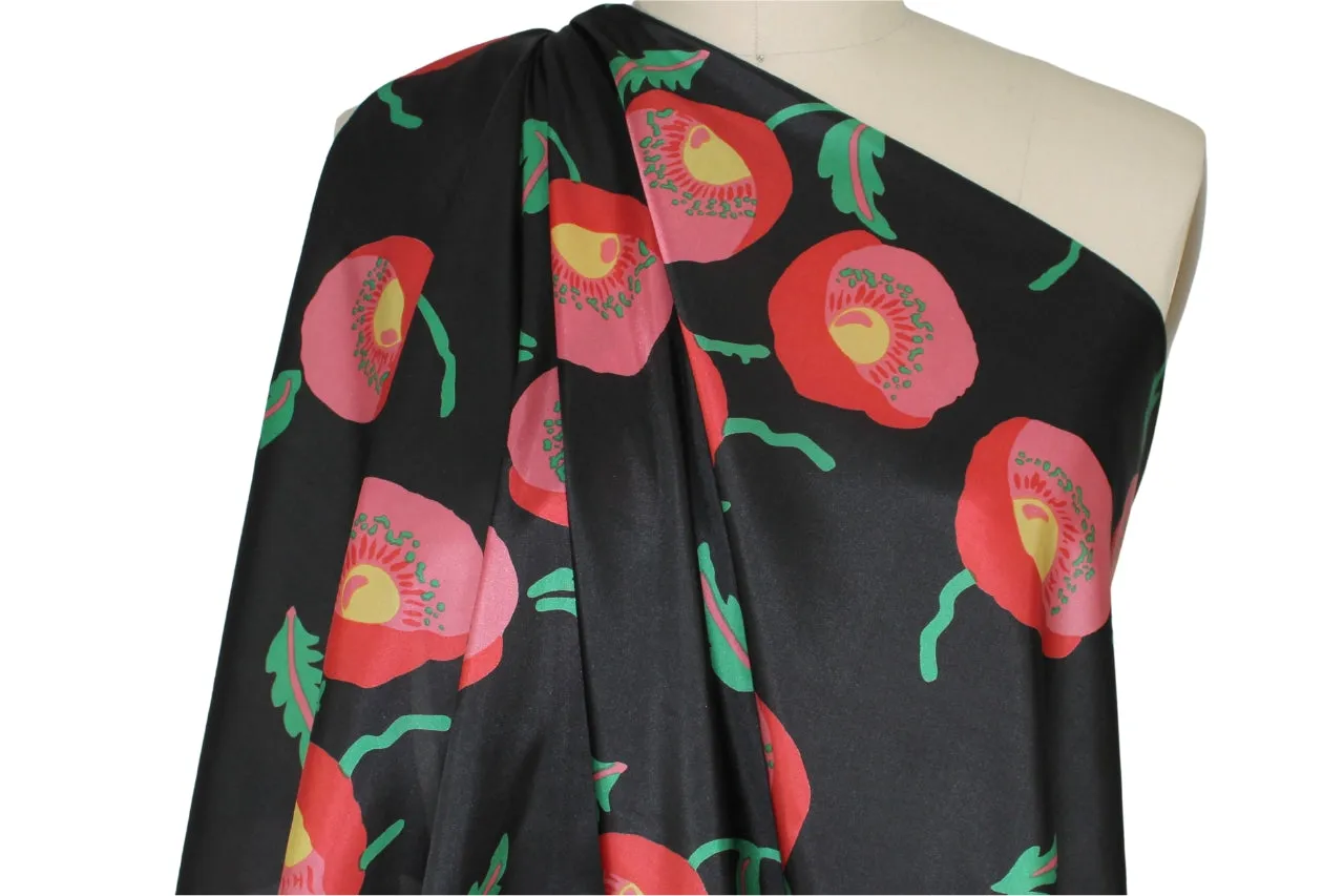 Poppy Profusion Silk Charmeuse - Res/Green/Yellow on Black